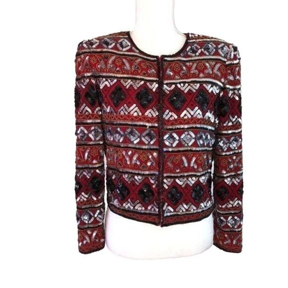 Silk Jacket Womens Size Medium M Vintage Sequin Beaded Cropped Red Made In India